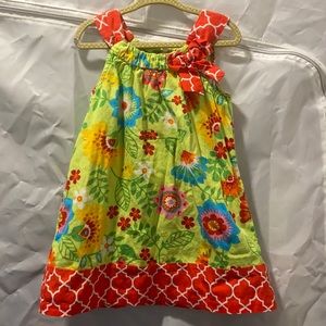 Bonnie Jean Green Floral Dress w/ Red & White Trim & Bow. 3T
